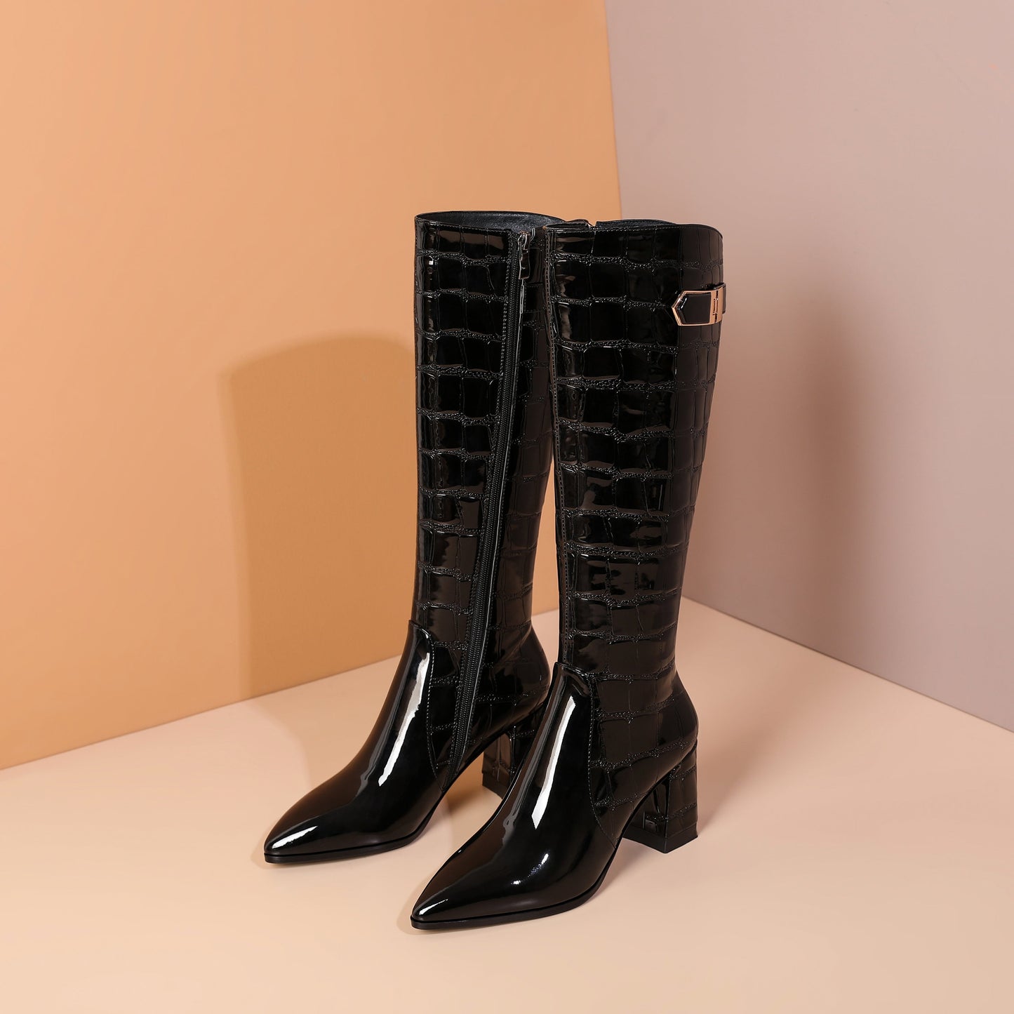 Nine Seven Handmade Women's Patent Leather Pointed Toe Side Zip Up Block Heel Classic Black Knee High Boots with Chic Buckle