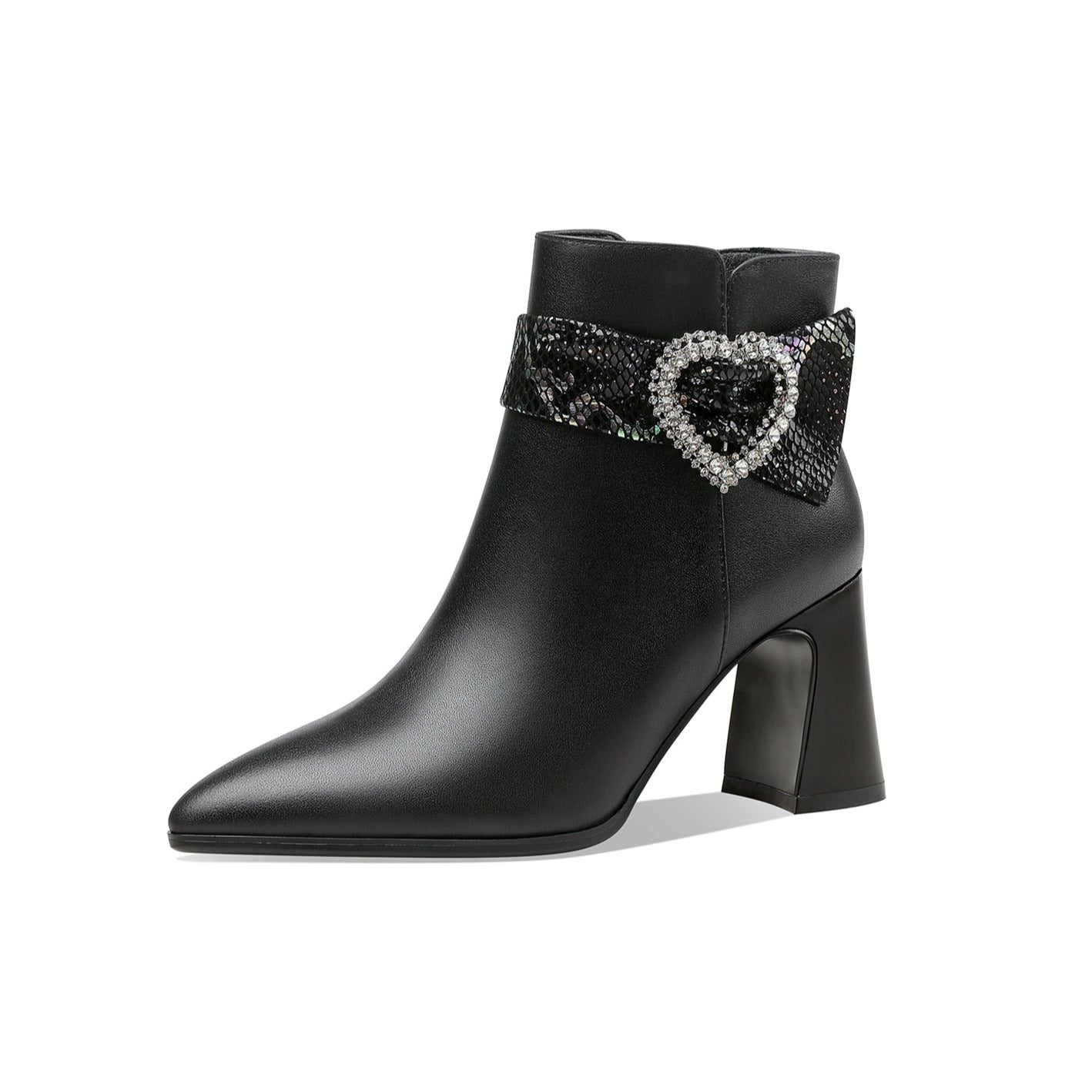 Nine Seven Handmade Women's Genuine Leather Rhinestone Heart Décor Pointed Toe Mid Chunky Heel Side Zipper Ankle Boots
