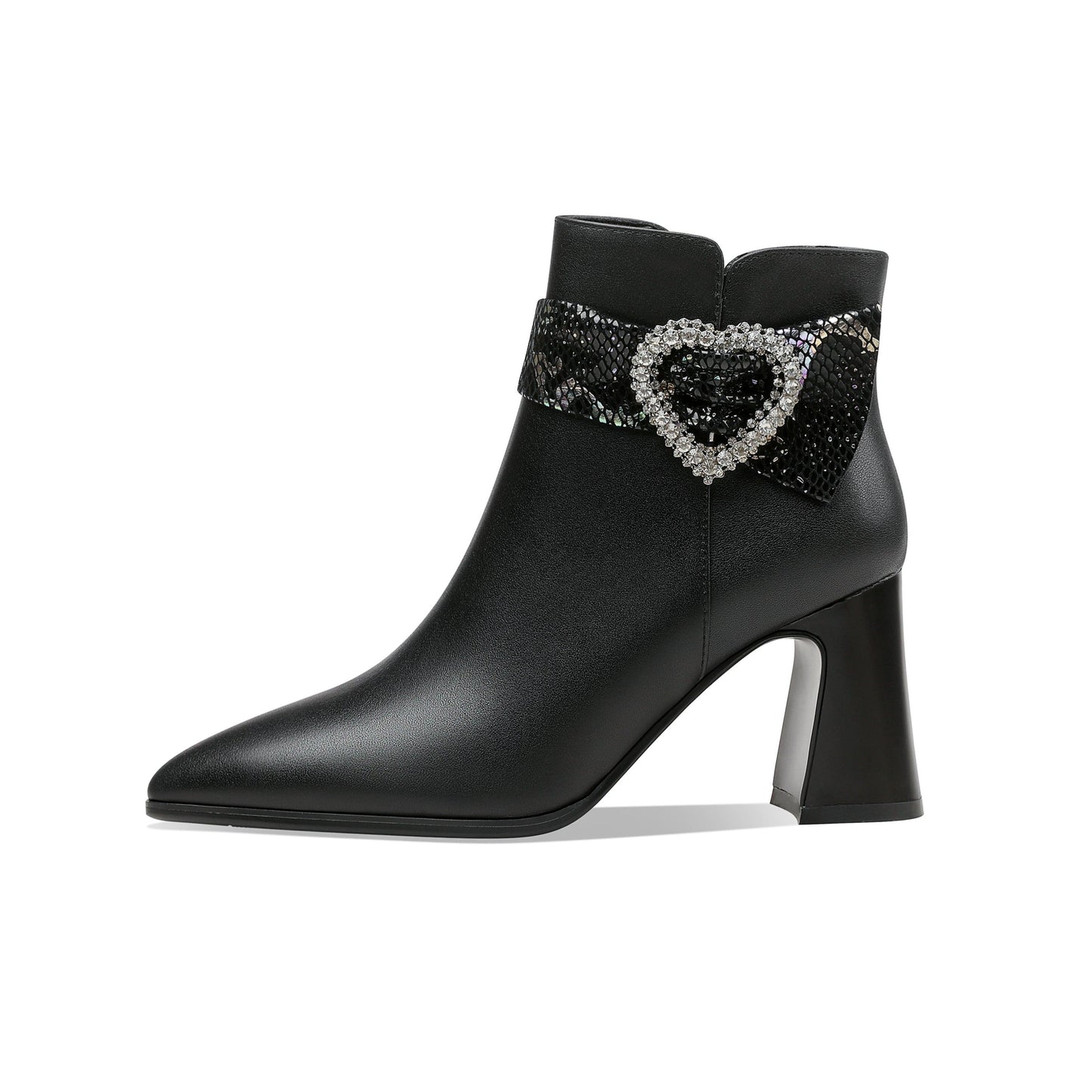 Nine Seven Handmade Women's Genuine Leather Rhinestone Heart Décor Pointed Toe Mid Chunky Heel Side Zipper Ankle Boots