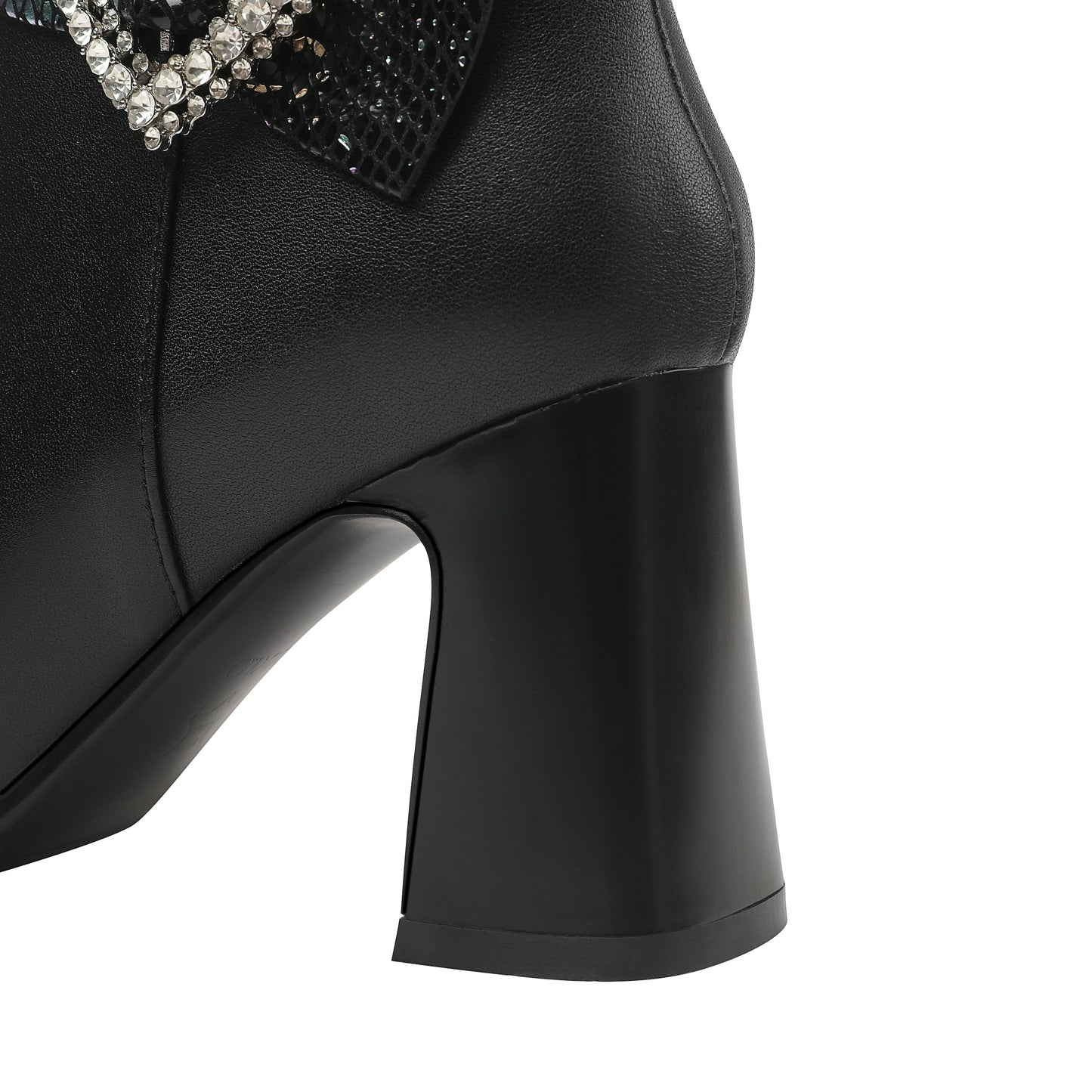 Nine Seven Handmade Women's Genuine Leather Rhinestone Heart Décor Pointed Toe Mid Chunky Heel Side Zipper Ankle Boots