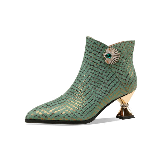 Nine Seven Handmade Women's Genuine Leather Sexy Rhinestones Printed Side Zipper Pointed Toe Mid Spool Heel Ankle Boots