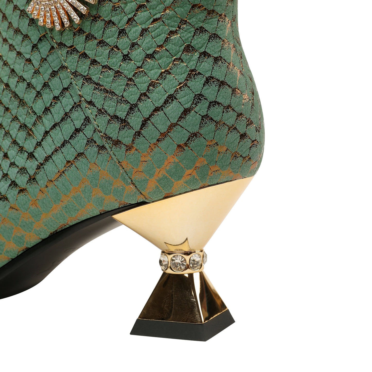 Nine Seven Handmade Women's Genuine Leather Sexy Rhinestones Printed Side Zipper Pointed Toe Mid Spool Heel Ankle Boots