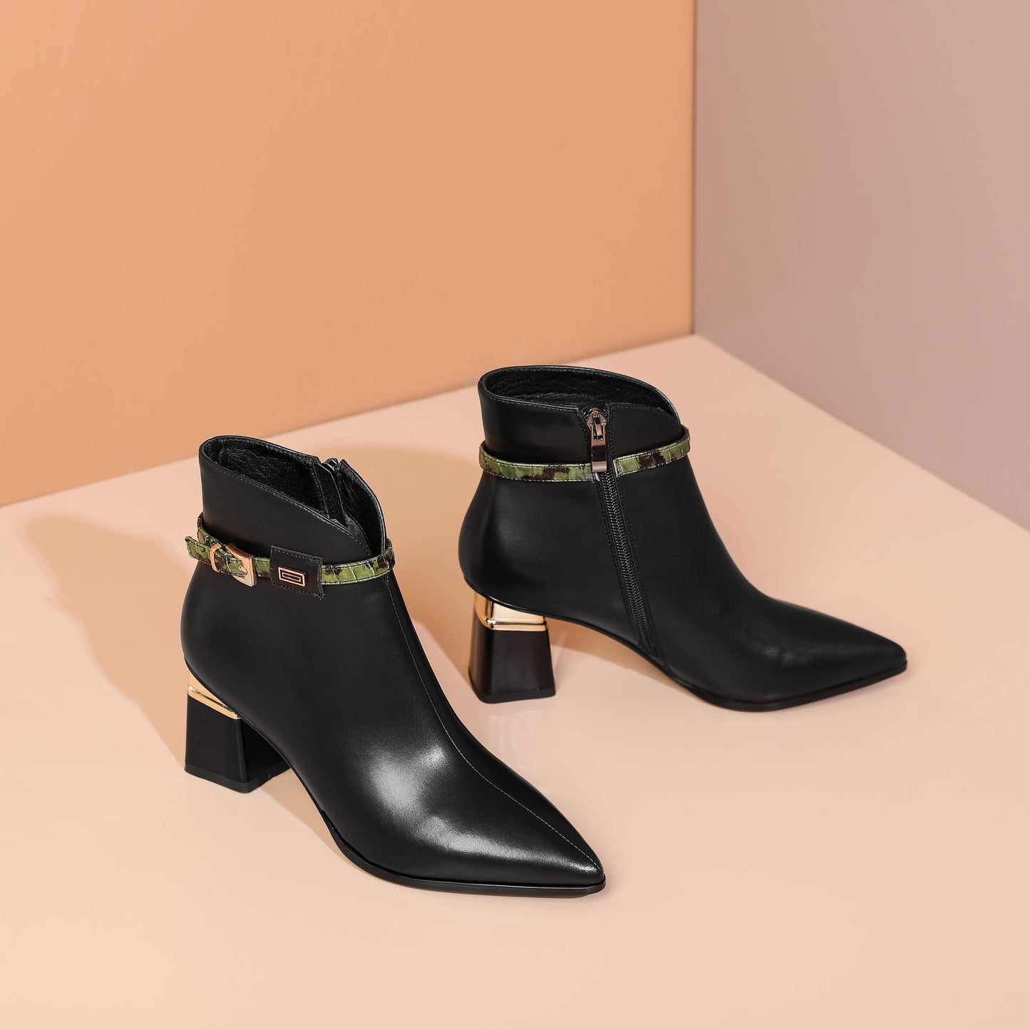 Nine Seven Genuine Leather Women's Handmade Side Zip Up Green Belt Design Chunky Heel Black Ankle Booties