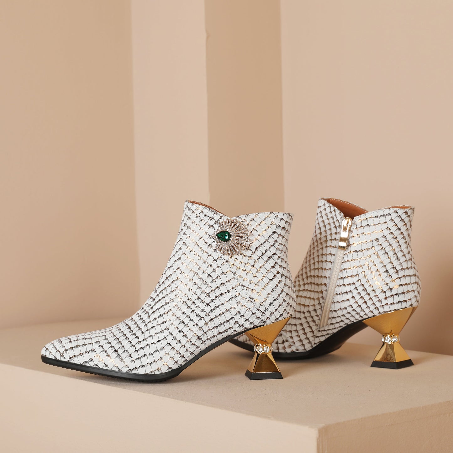 Nine Seven Handmade Women's Genuine Leather Sexy Rhinestones Printed Side Zipper Pointed Toe Mid Spool Heel Ankle Boots