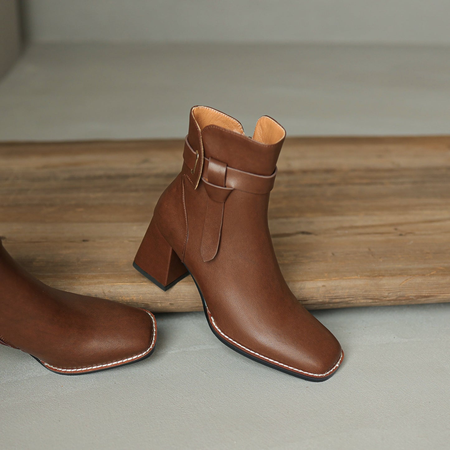 Nine Seven Women's Genuine Leather Handmade Buckle Belt Side Zip Up Square Toe Mid Block Heel Ankle Boots