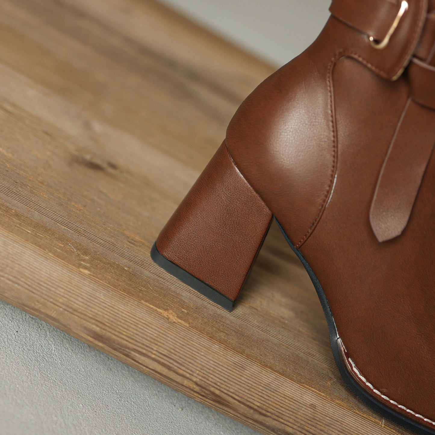 Nine Seven Women's Genuine Leather Handmade Buckle Belt Side Zip Up Square Toe Mid Block Heel Ankle Boots