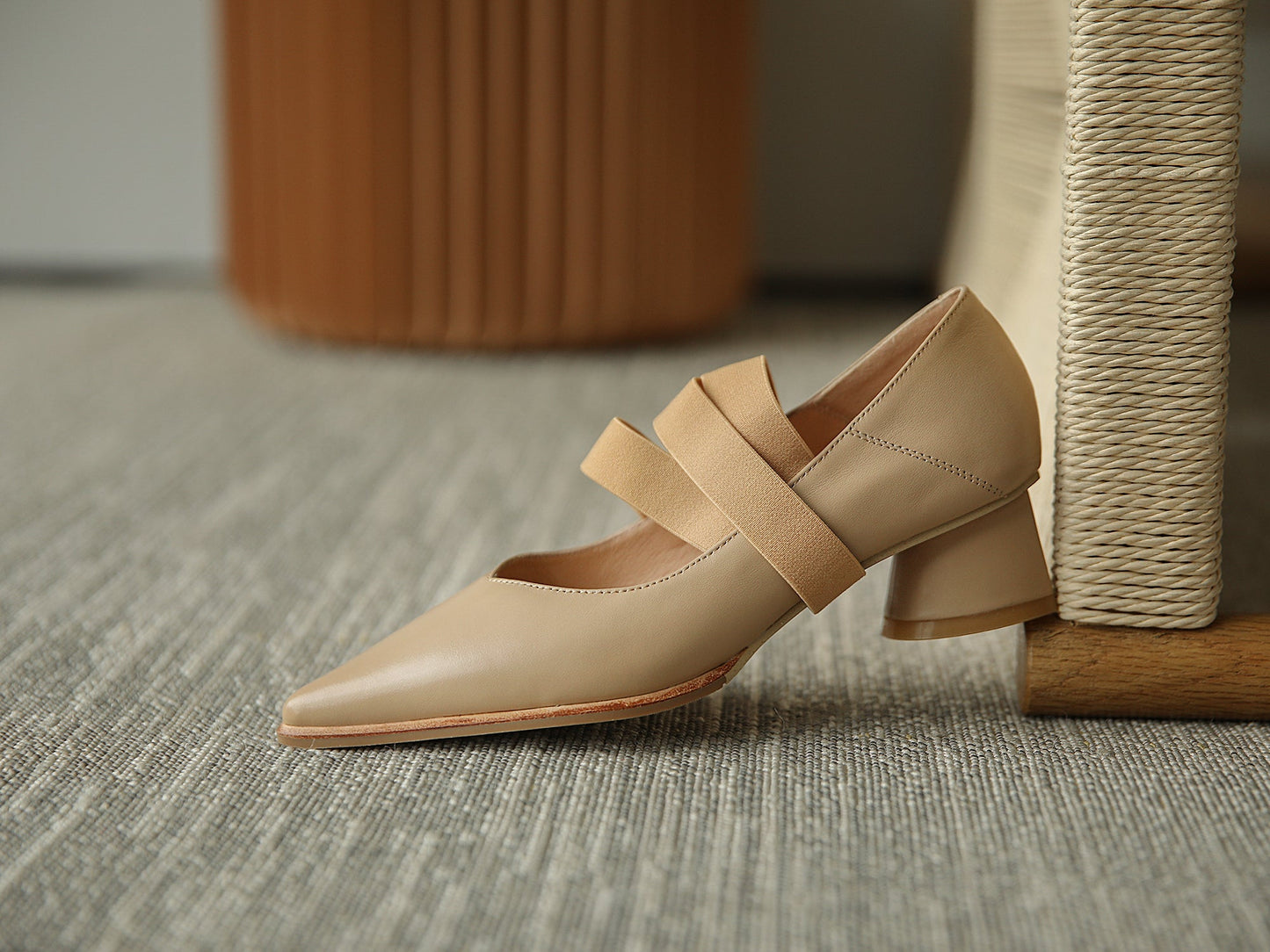 Nine Seven Women's Genuine Leather Pointed Toe Handmade Elastic Band Low Chunky Heel Comfort Pumps Shoes