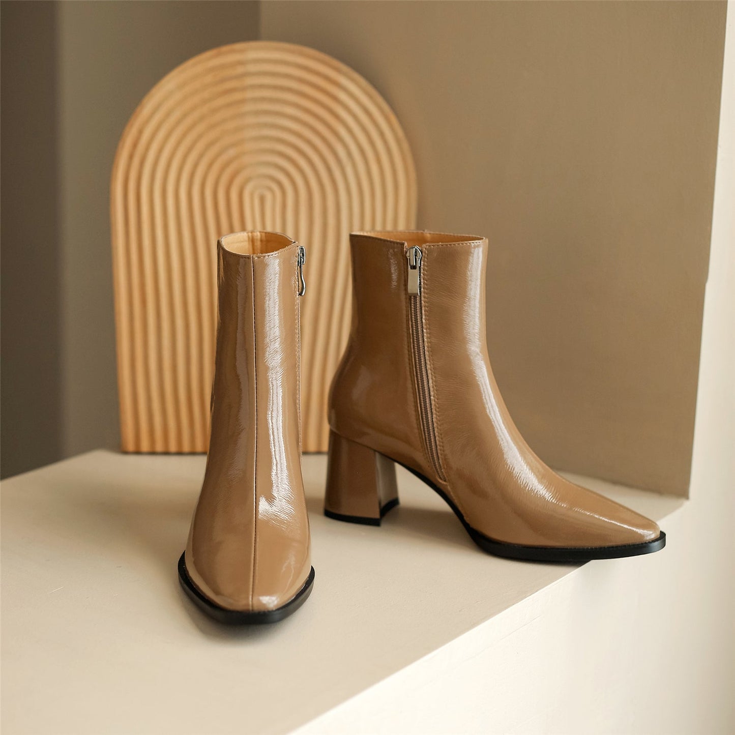 Nine Seven Women's Handmade Glossy Genuine Leather Pointed Toe Side Zipper Mid Block Heel Ankle Boots