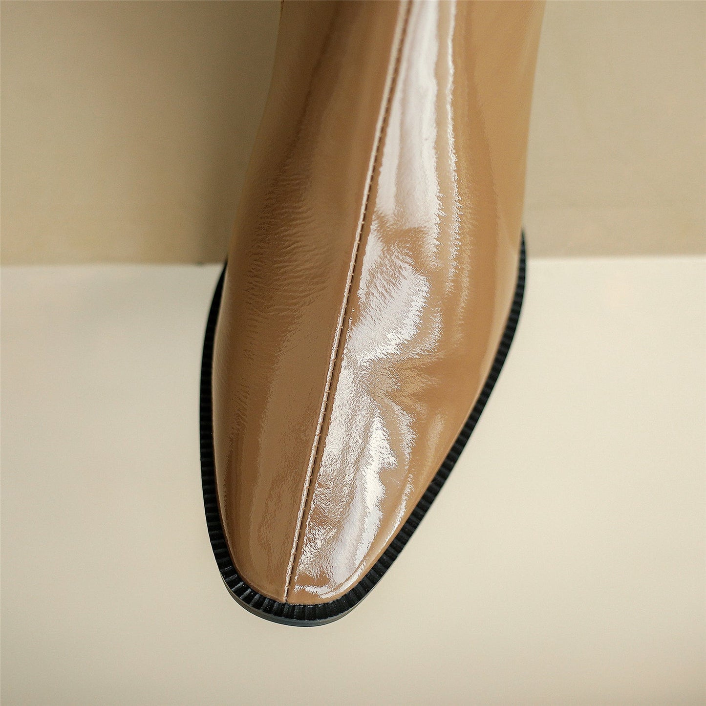 Nine Seven Women's Handmade Glossy Genuine Leather Pointed Toe Side Zipper Mid Block Heel Ankle Boots