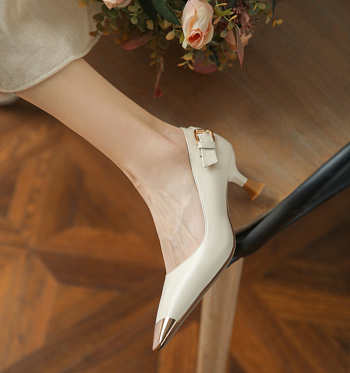 Nine Seven Genuine Leather Women's Handmade Mid Heel Metal Toe Slip On Pumps with Buckle Design