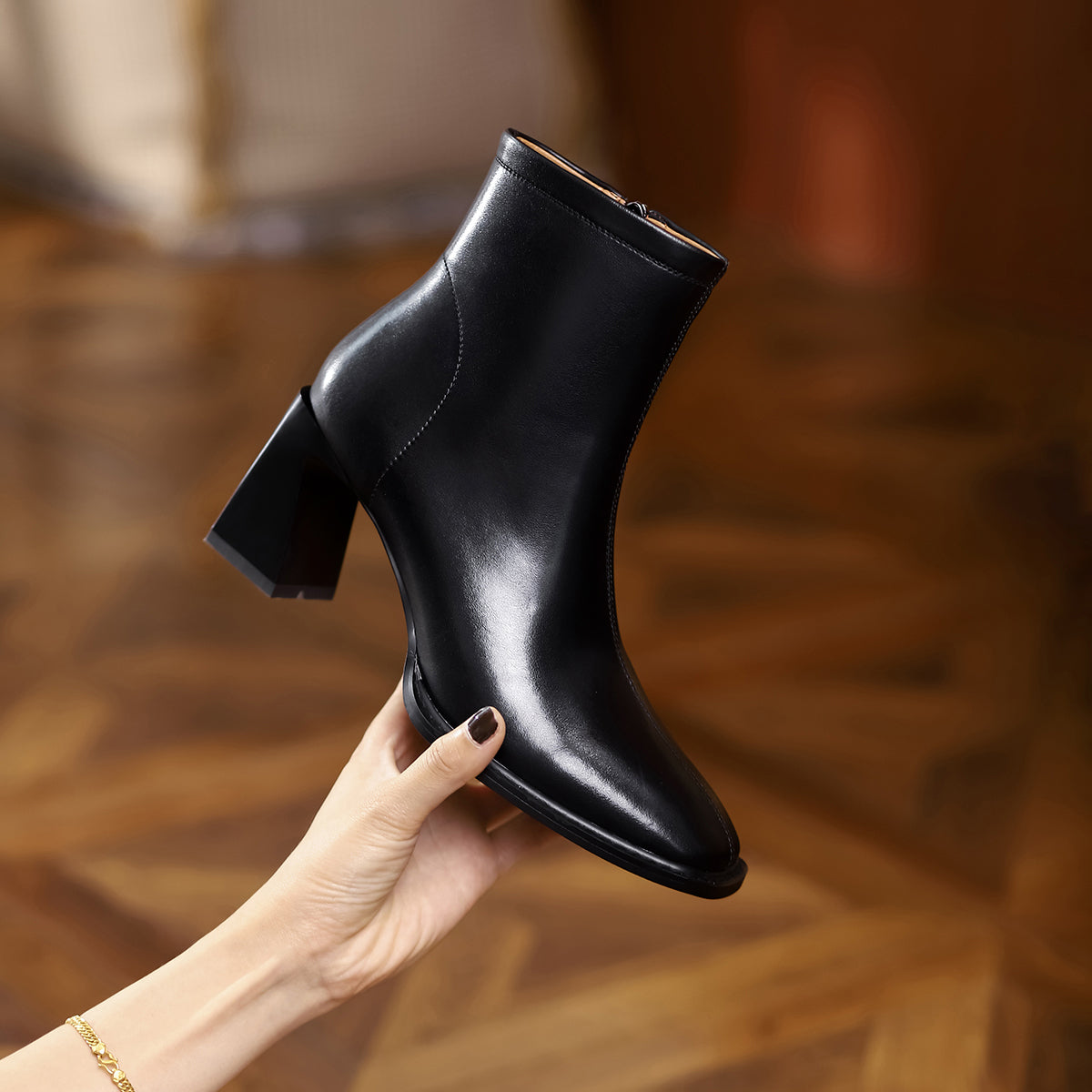 Nine Seven Women's Genuine Leather Handmade Chunky Heel Square Toe Side zip Up Ankle Dress Booties