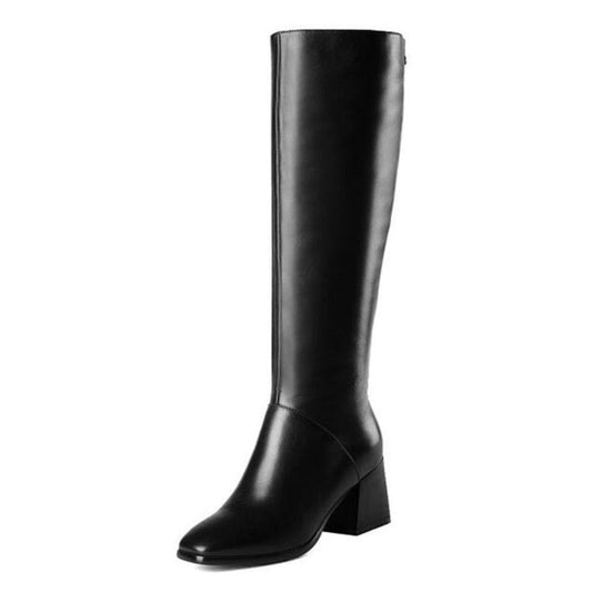 Nine Seven Genuine Leather Women's Square Toe Mid Chunky Heel Handmade Side Zip Up Knee High Boots