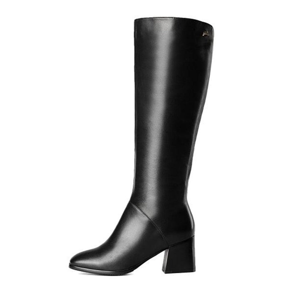 Nine Seven Genuine Leather Women's Square Toe Mid Chunky Heel Handmade Side Zip Up Knee High Boots