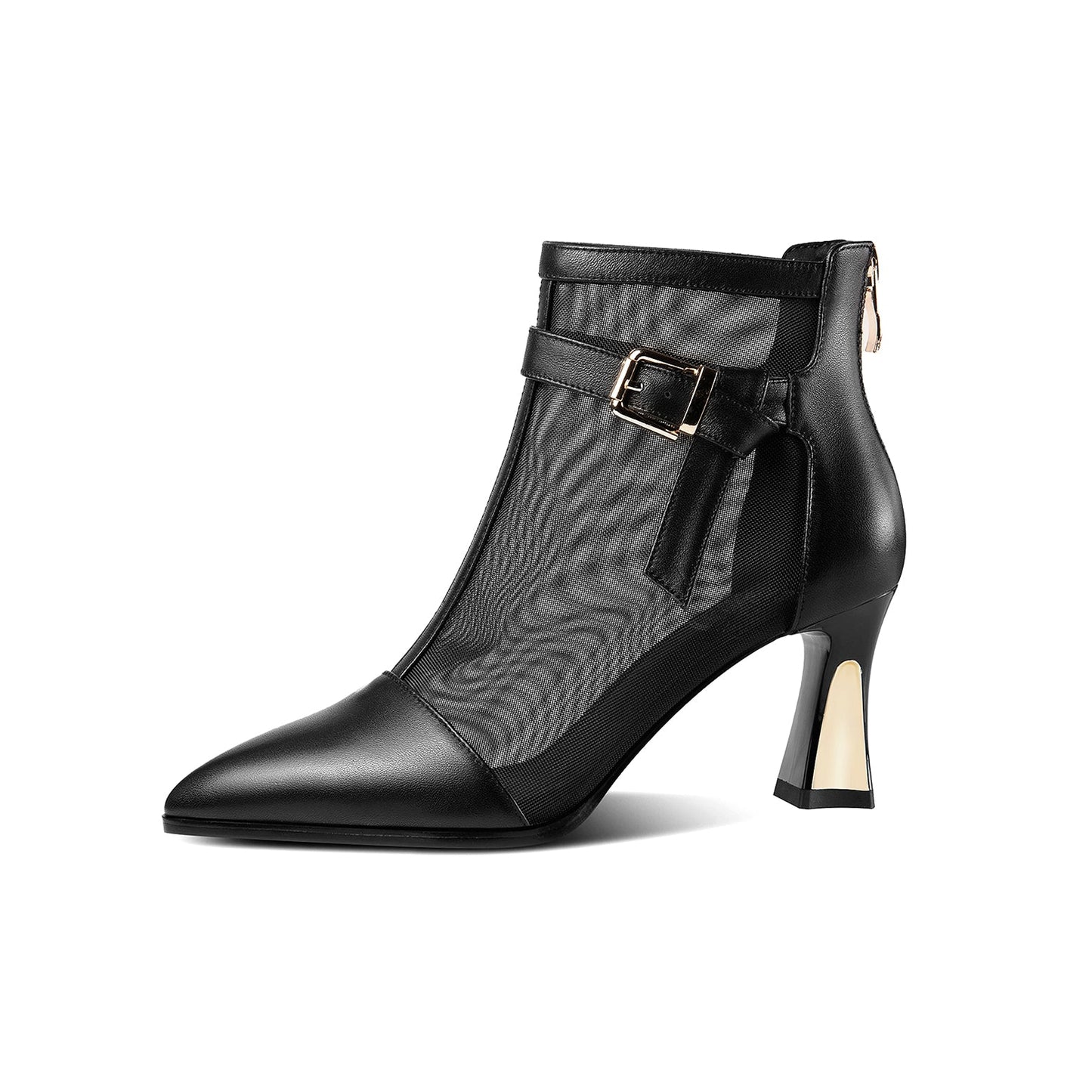 Nine Seven Women's Mesh and Genuine Leather Handmade Spool Heel Zip Up Ankle Boots with Stylish Buckle