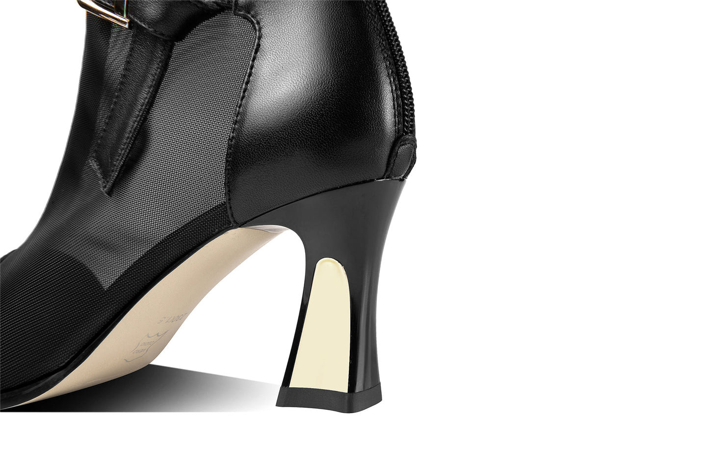 Nine Seven Women's Mesh and Genuine Leather Handmade Spool Heel Zip Up Ankle Boots with Stylish Buckle