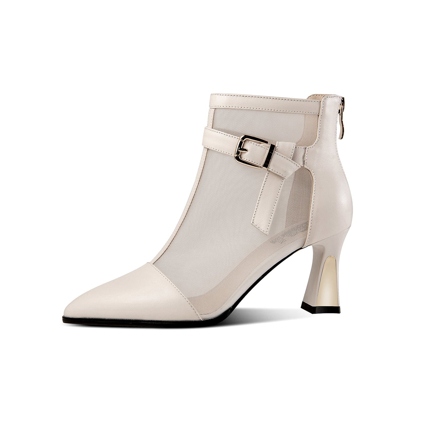 Nine Seven Women's Mesh and Genuine Leather Handmade Spool Heel Zip Up Ankle Boots with Stylish Buckle