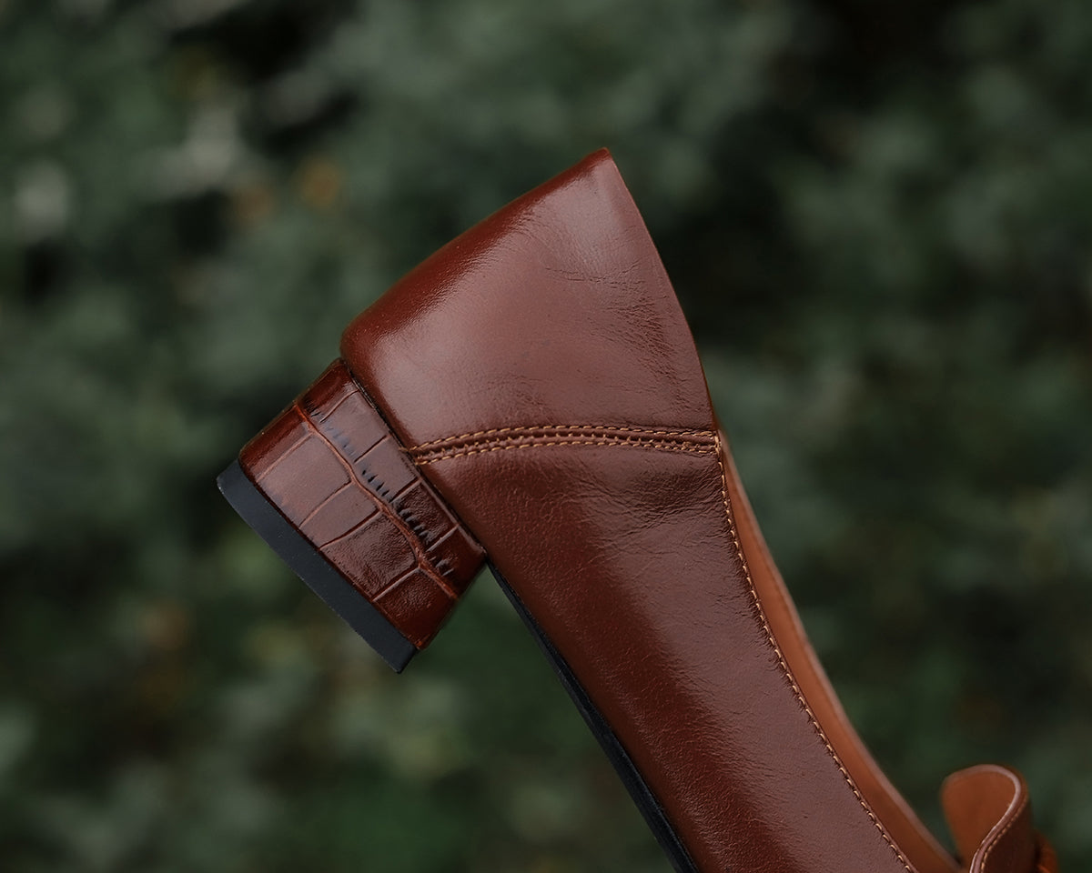 Nine Seven Genuine Leather Women's Handmade Square Toe Low Chunky Heel Classic Oxford Pump Shoes with Sewing Thread Decor