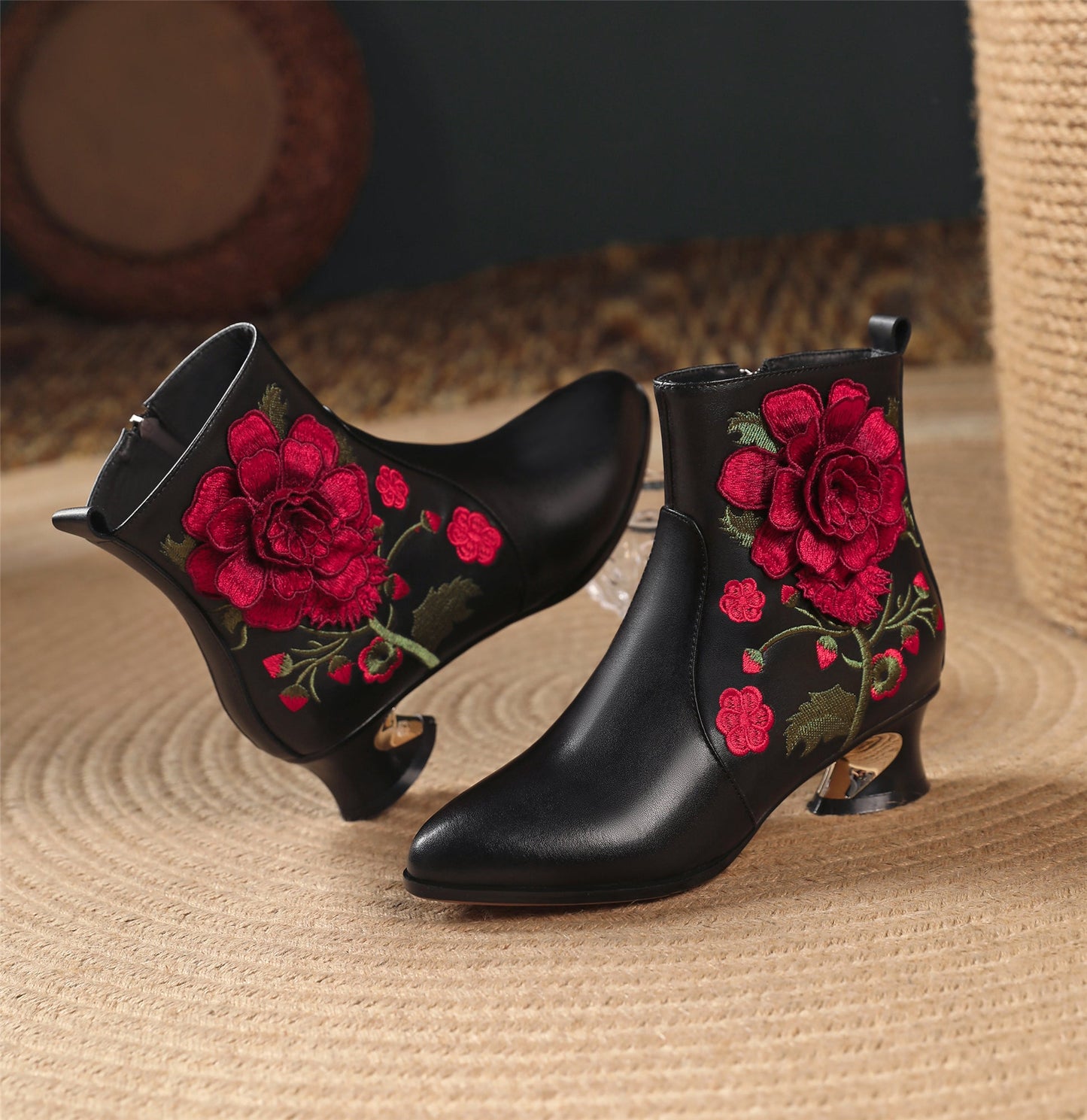 Nine Seven Handmade Women's Suede Leather Ethnic Embroidered Embossed Floral Pointed Toe Low Chunky Heel Side Zipper Ankle Boots Shoes