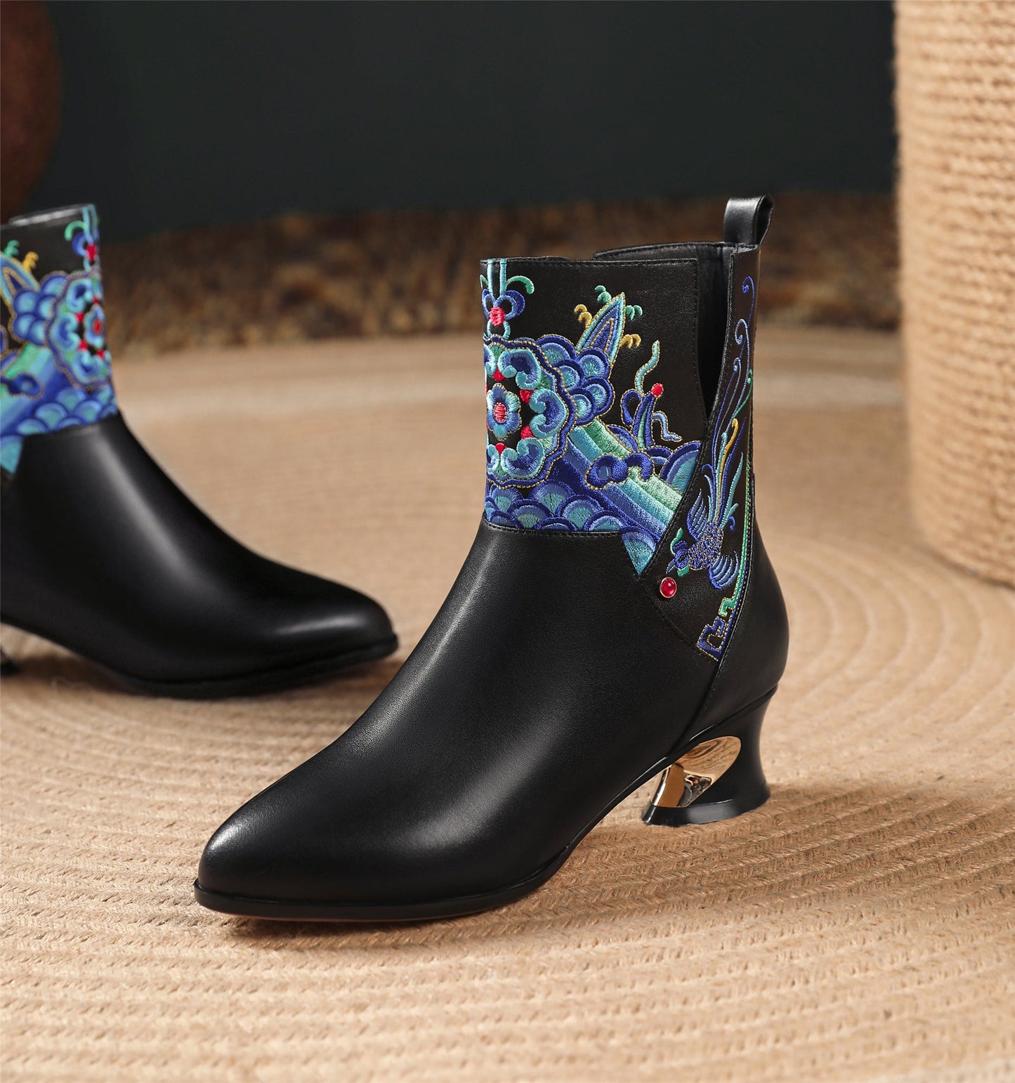 Nine Seven Handmade Women's Genuine Leather Ethnic Embroidered Pointed Toe Low Chunky Heel Side Zipper Mid-Calf Boots
