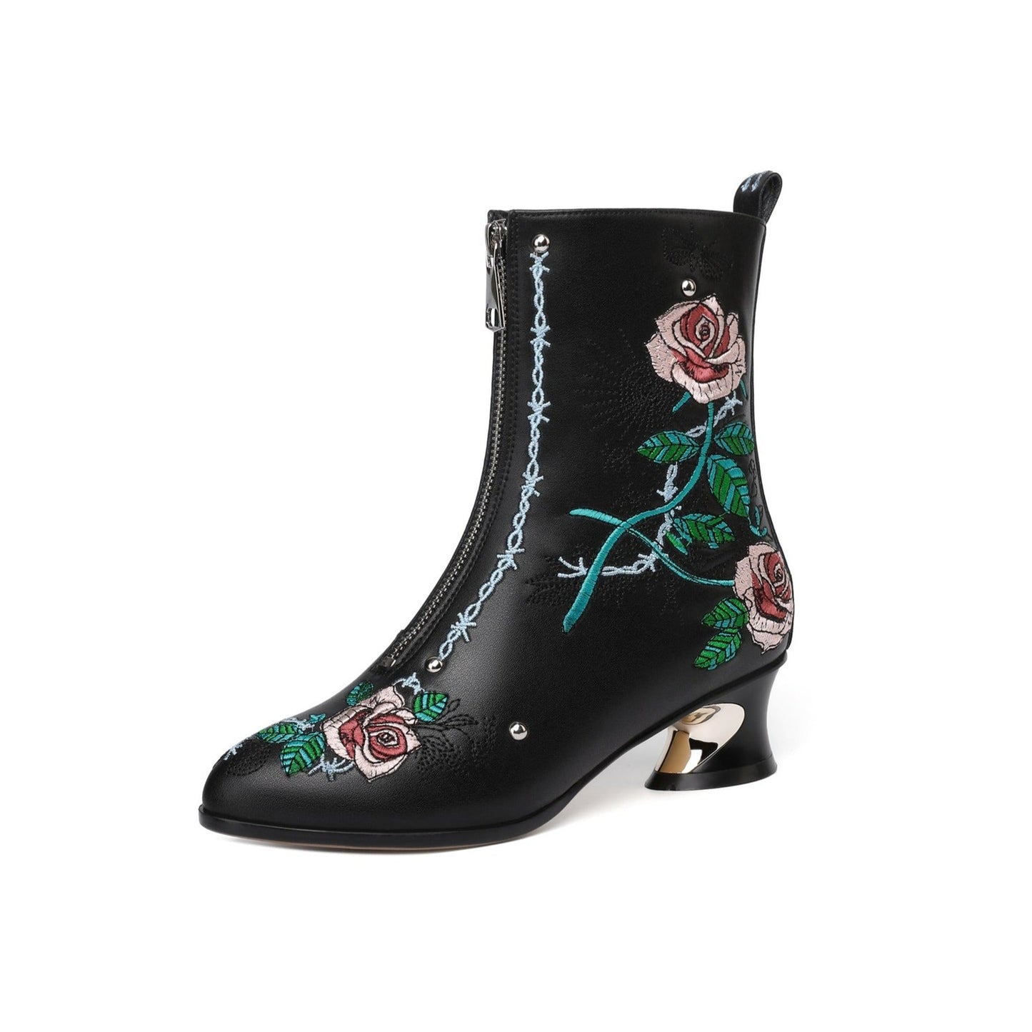 Nine Seven Handmade Women's Genuine Leather Ethnic Embroidered Floral Pointed Toe Low Chunky Heel Front Zipper Mid-Calf Boots