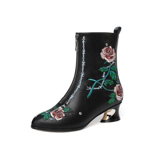 Nine Seven Handmade Women's Genuine Leather Ethnic Embroidered Floral Pointed Toe Low Chunky Heel Front Zipper Mid-Calf Boots