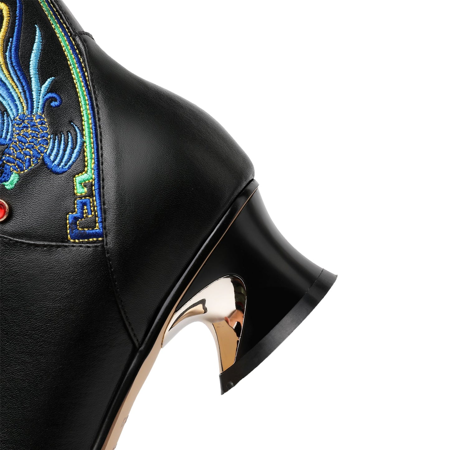 Nine Seven Handmade Women's Genuine Leather Ethnic Embroidered Pointed Toe Low Chunky Heel Side Zipper Mid-Calf Boots