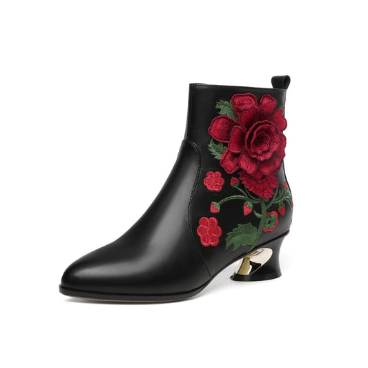 Nine Seven Handmade Women's Suede Leather Ethnic Embroidered Embossed Floral Pointed Toe Low Chunky Heel Side Zipper Ankle Boots Shoes