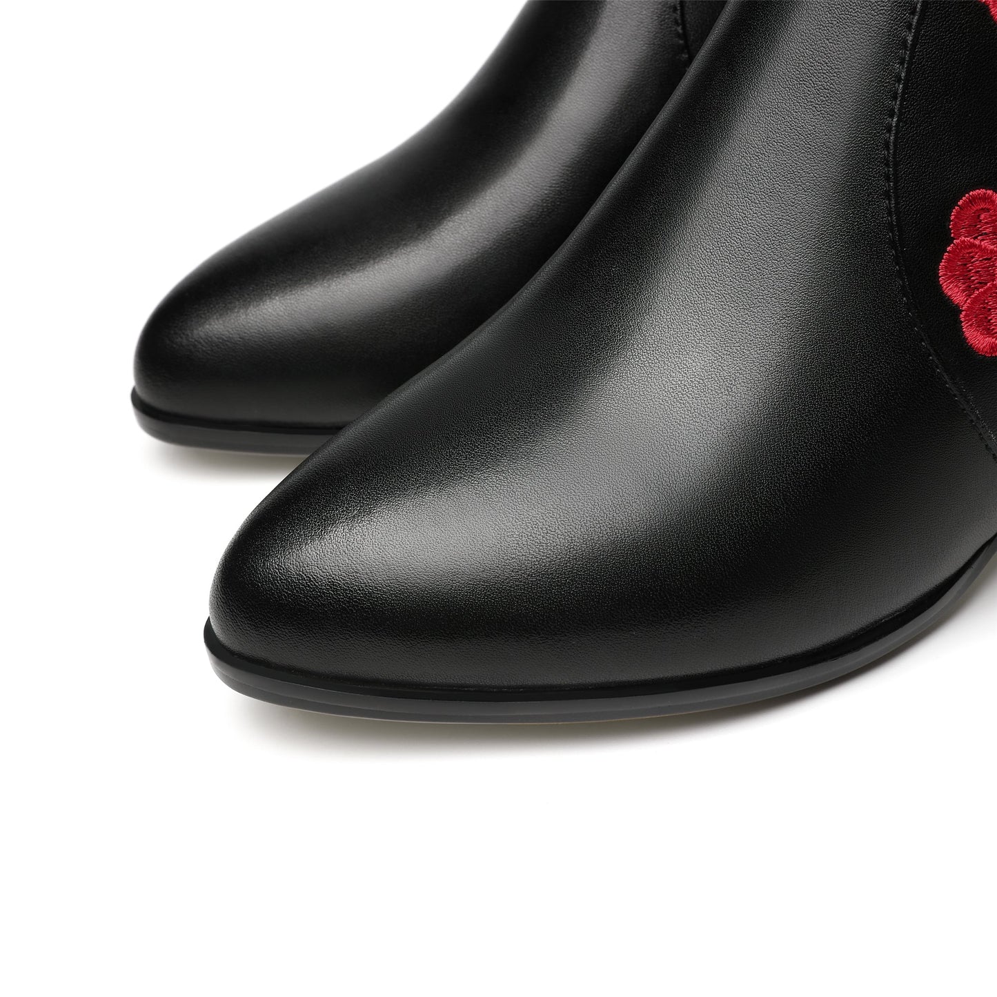 Nine Seven Handmade Women's Suede Leather Ethnic Embroidered Embossed Floral Pointed Toe Low Chunky Heel Side Zipper Ankle Boots Shoes