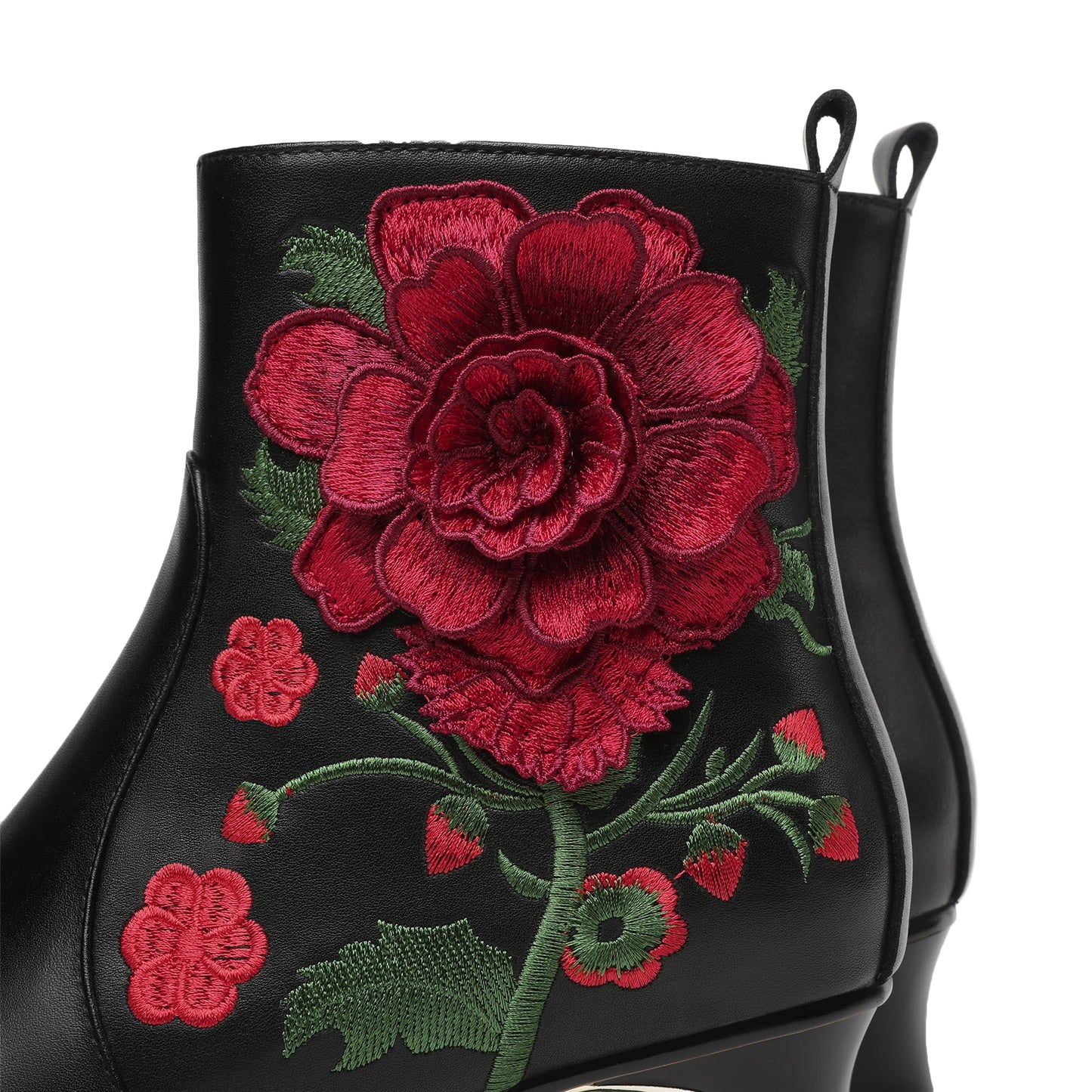 Nine Seven Handmade Women's Suede Leather Ethnic Embroidered Embossed Floral Pointed Toe Low Chunky Heel Side Zipper Ankle Boots Shoes