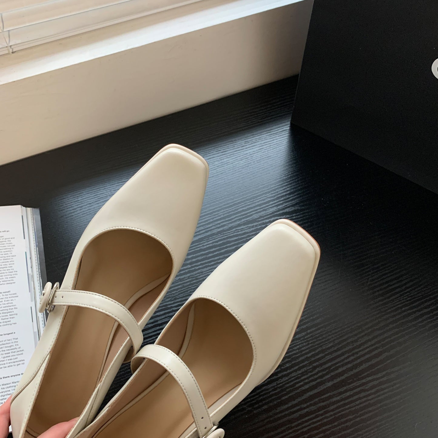 Nine Seven Women's Genuine Leather Handmade Classic Square Toe Mid Heel Buckle Closure Mary Jane Pumps