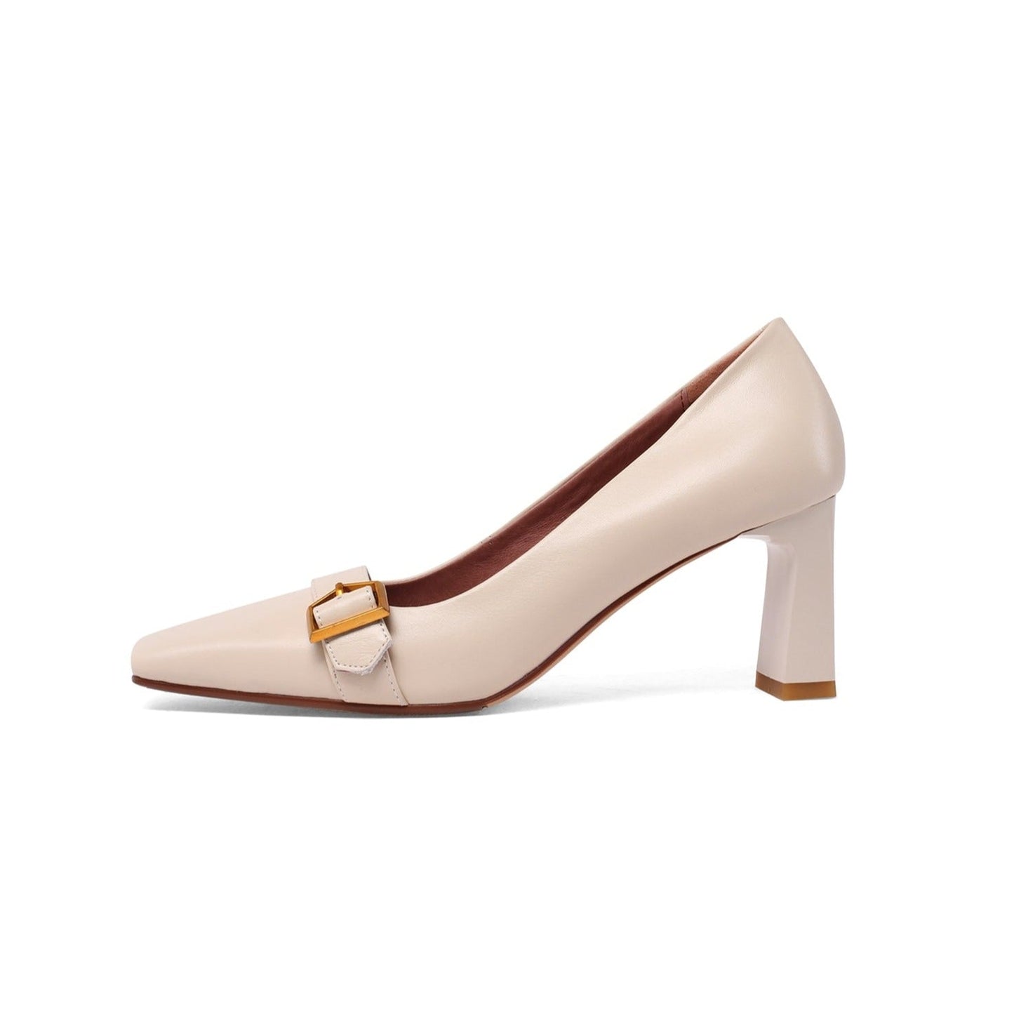 Nine Seven Women's Genuine Leather Square Toe Handmade Mid Chunky Heel Vintage Dress Pumps with Buckle