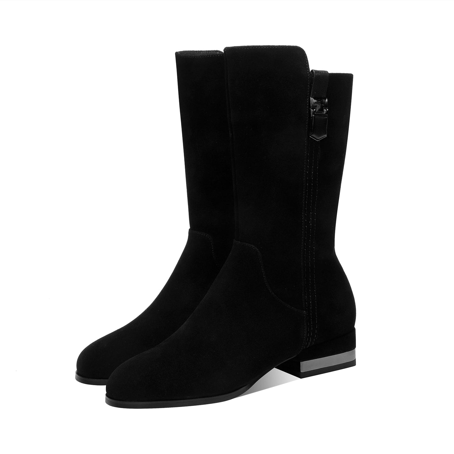 Nine Seven Women's Round Toe Suede Leather Handmade Zipper Comfort Flat Mid-Calf Boots