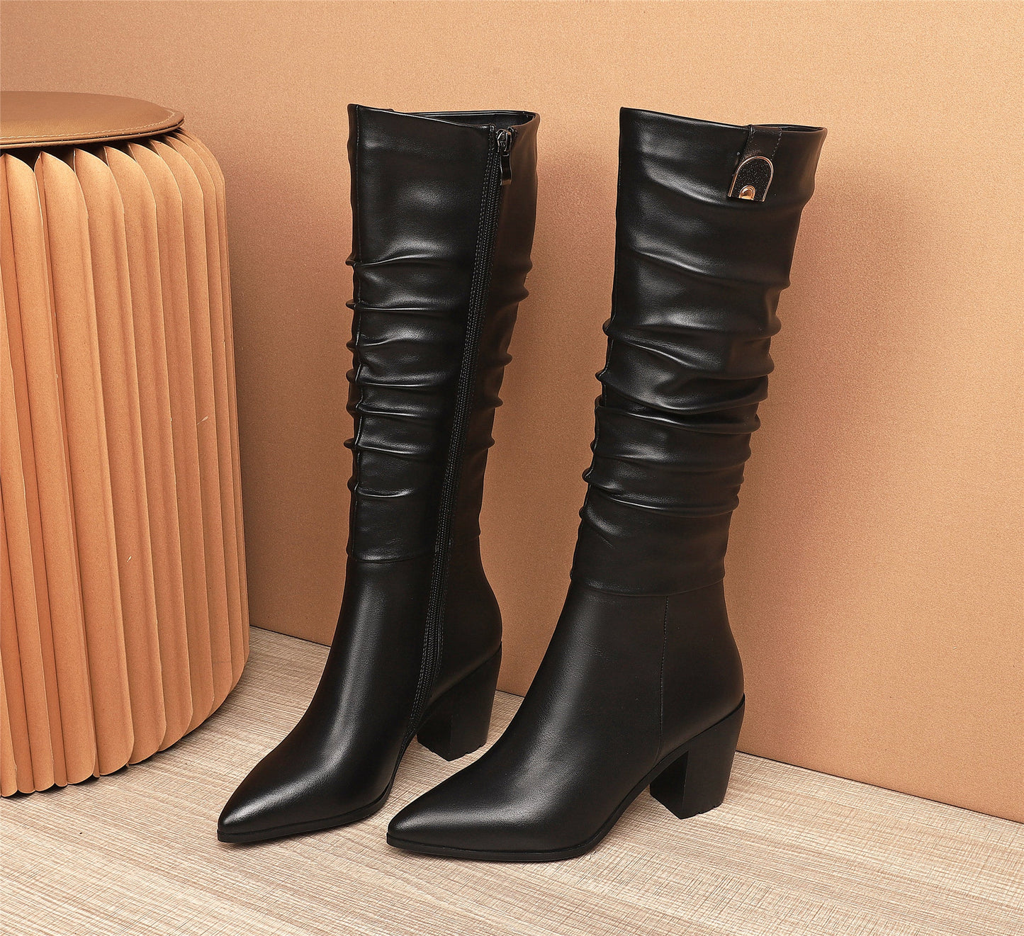Nine Seven Women's Genuine Leather Pointed Toe Handmade Chunky Heel Zip Up Stylish Crumpled Knee High Boots