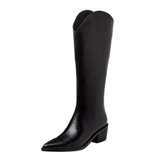 Nine Seven Women's Handmade Genuine Leather Pointed Toe Comfort Mid Block Heel Side Half Zip Up Cowboy Knee High Boots