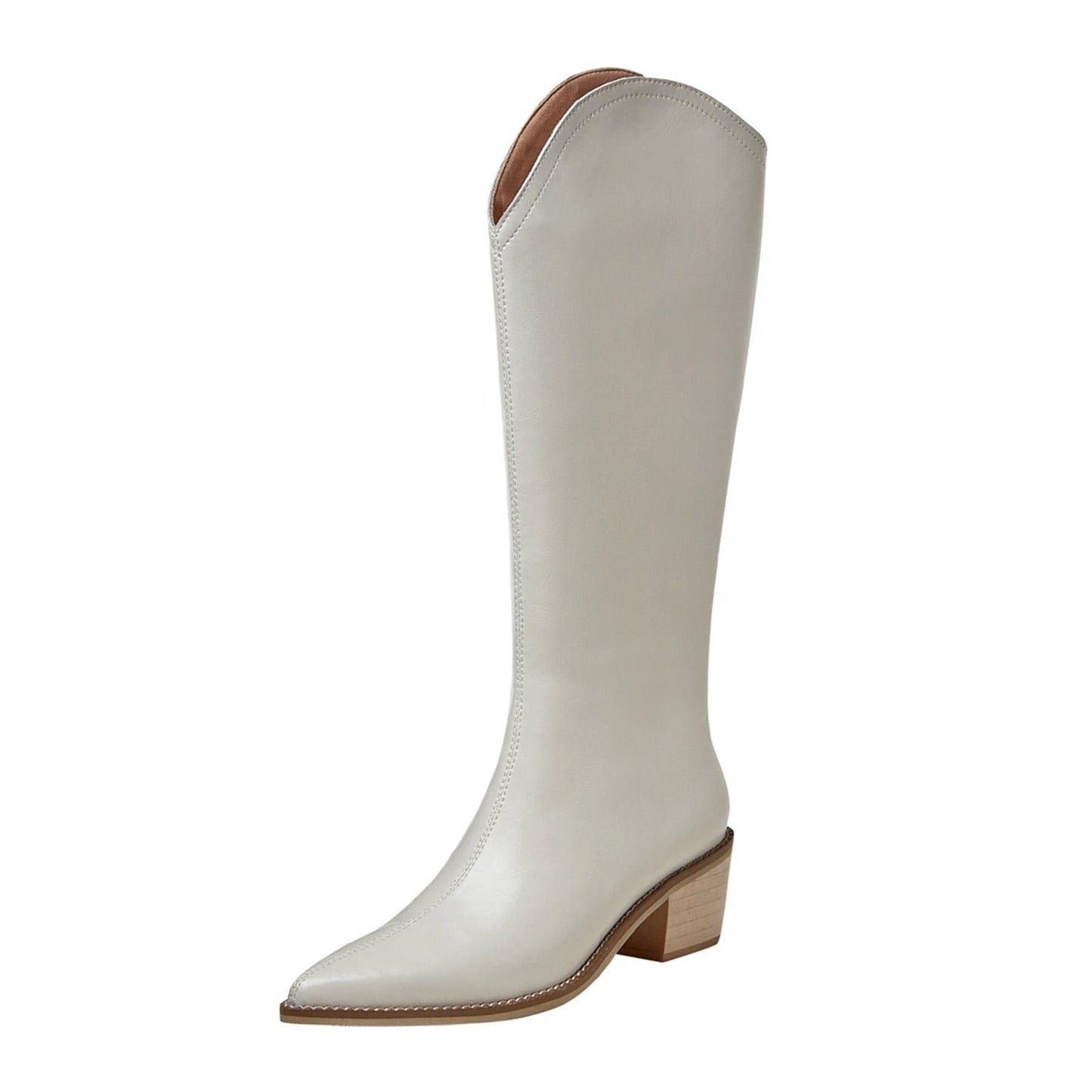 Nine Seven Women's Handmade Genuine Leather Pointed Toe Comfort Mid Block Heel Side Half Zip Up Cowboy Knee High Boots