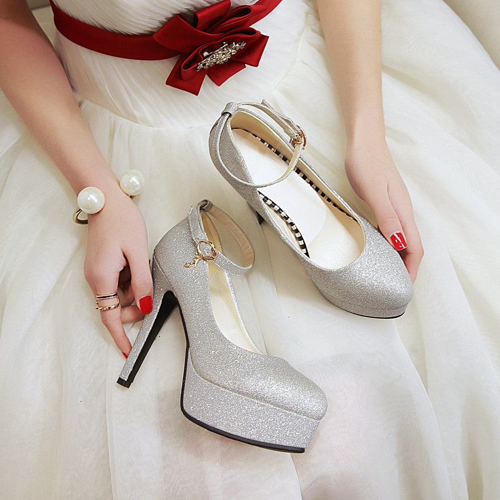 Nine Seven Women's Handmade Sparkly High Stileto Heel Ankle Buckle Platfoem Pumps Shoes