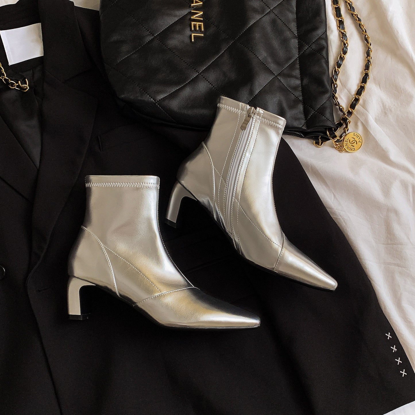 Nine Seven Handmade Women's Sexy Stretch Leather Side Zipper Pointed Toe Mid Block Heel Boots