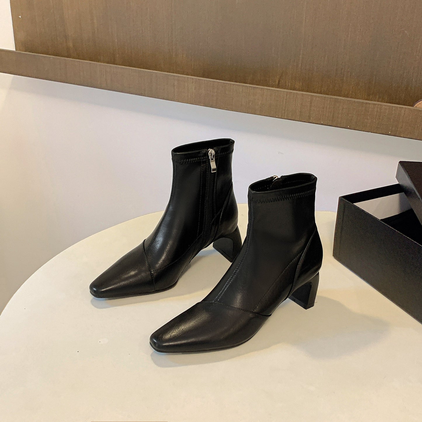 Nine Seven Handmade Women's Sexy Stretch Leather Side Zipper Pointed Toe Mid Block Heel Boots