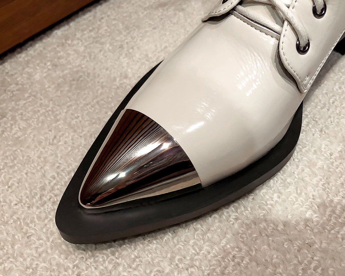 Nine Seven Women's Patent Leather Low Chunky Heel Lace Up Handmade Cap Toe Mid Calf Boots