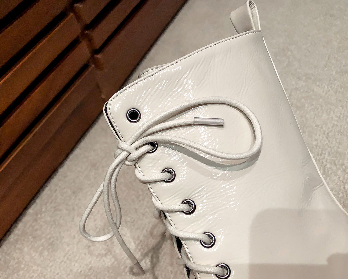 Nine Seven Women's Patent Leather Low Chunky Heel Lace Up Handmade Cap Toe Mid Calf Boots