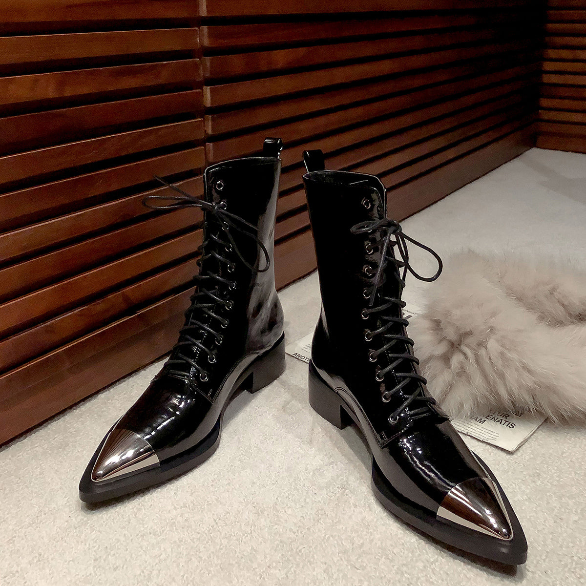 Nine Seven Women's Patent Leather Low Chunky Heel Lace Up Handmade Cap Toe Mid Calf Boots