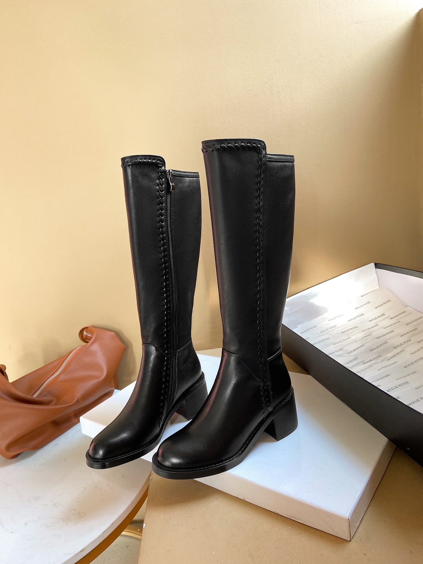 Nine Seven Women's Handmade Genuine Leather Round Toe Mid Block Heel Side Zip Up Black Knee High Boots