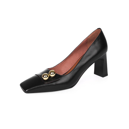 Nine Seven Women's Genuine Leather Square Toe Handmade Mid Brick Heels Slip On Fashion Pumps Shoes