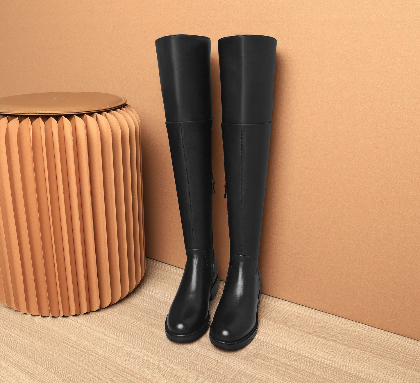 Nine Seven Women's Genuine Leather Round Toe Handmade Half Side Zipper Low Chunky Heel Over Knee Boots
