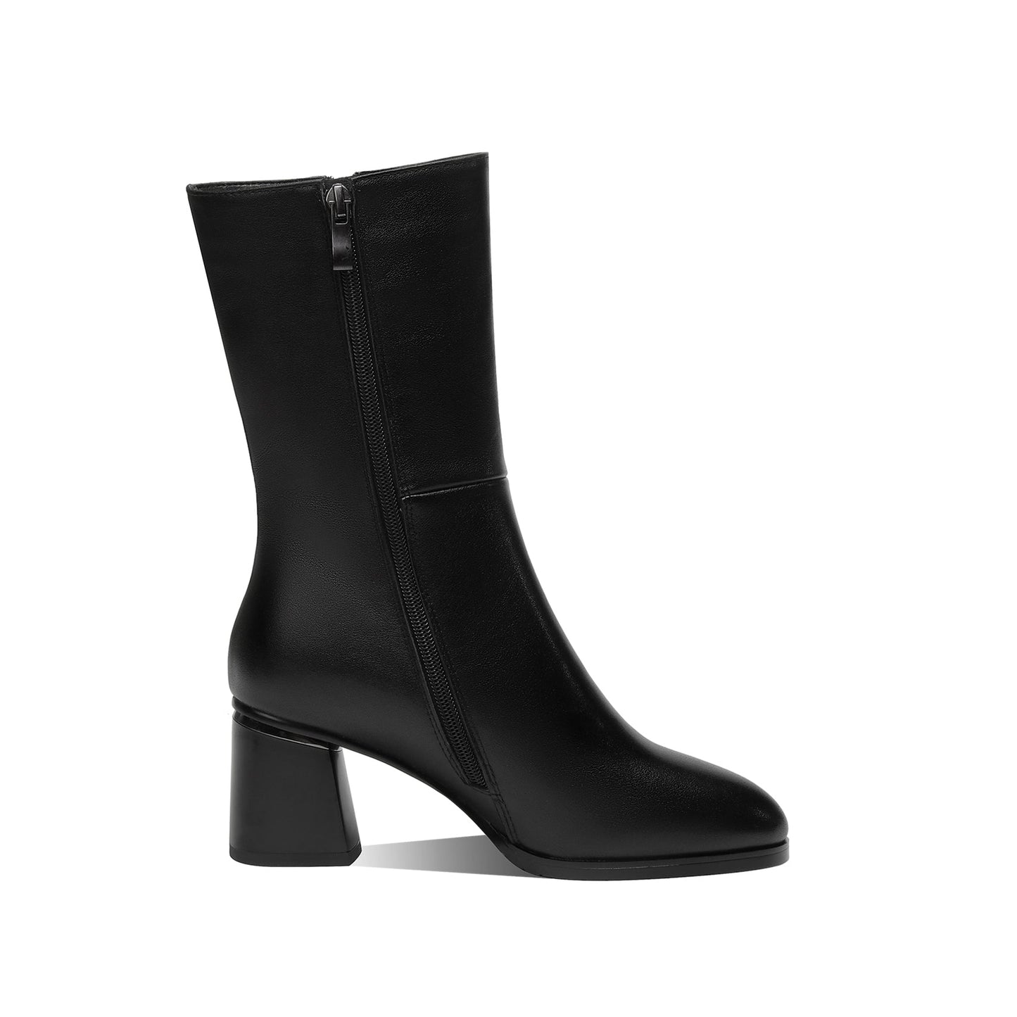 Nine Seven Women's Round Toe Genuine Leather Handmade Dual Zippers Chunky Heels Classic Mid-Calf Boots