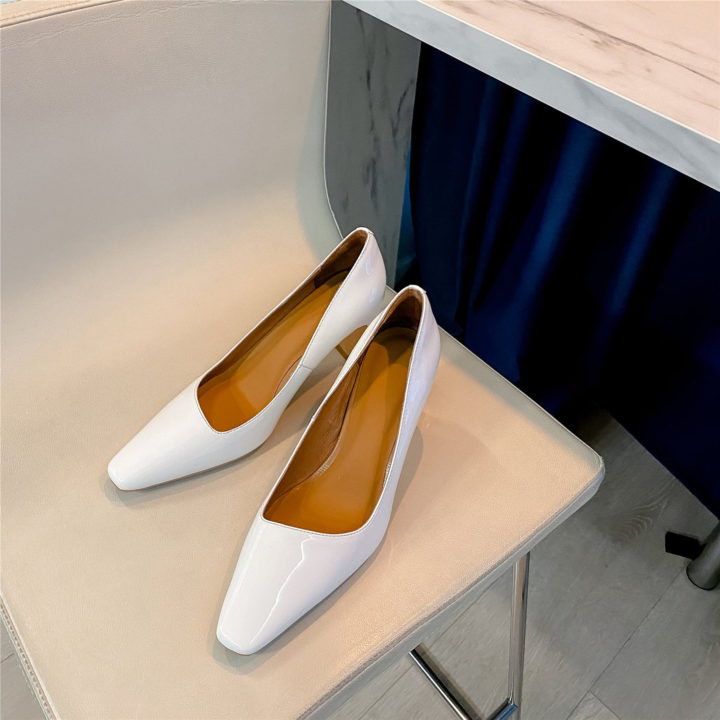 Nine Seven Women's Patent Leather Handmade Square Toe Mid Heels Slip On Chic Pumps Shoes