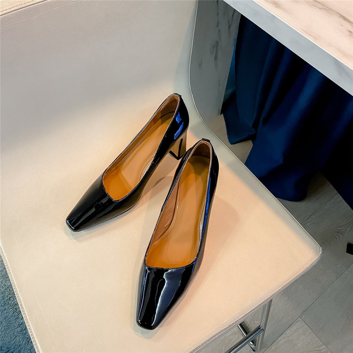 Nine Seven Women's Patent Leather Handmade Square Toe Mid Heels Slip On Chic Pumps Shoes