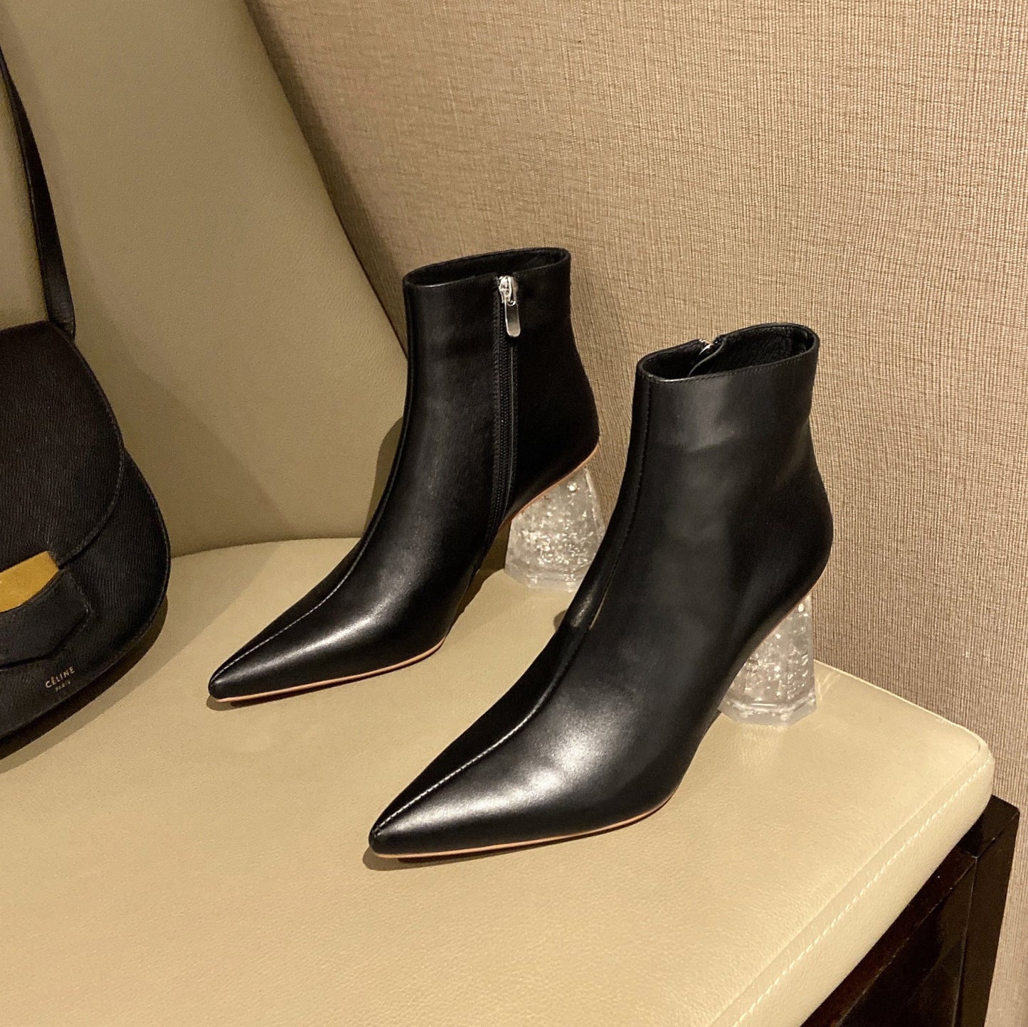 Nine Seven Women's Handmade Genuine Leather Pointed Toe Exquisite Transparent High Heel Side Zip Up Modern Ankle Boots