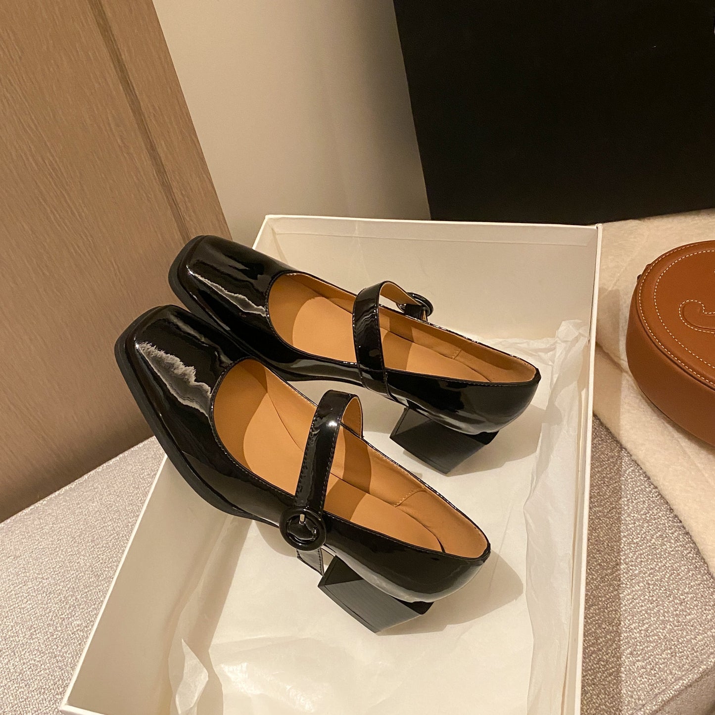 Nine Seven Handmade Women's Patent Leather Square Toe Buckle Low Chunky Heel Mary Janes Pumps Shoes