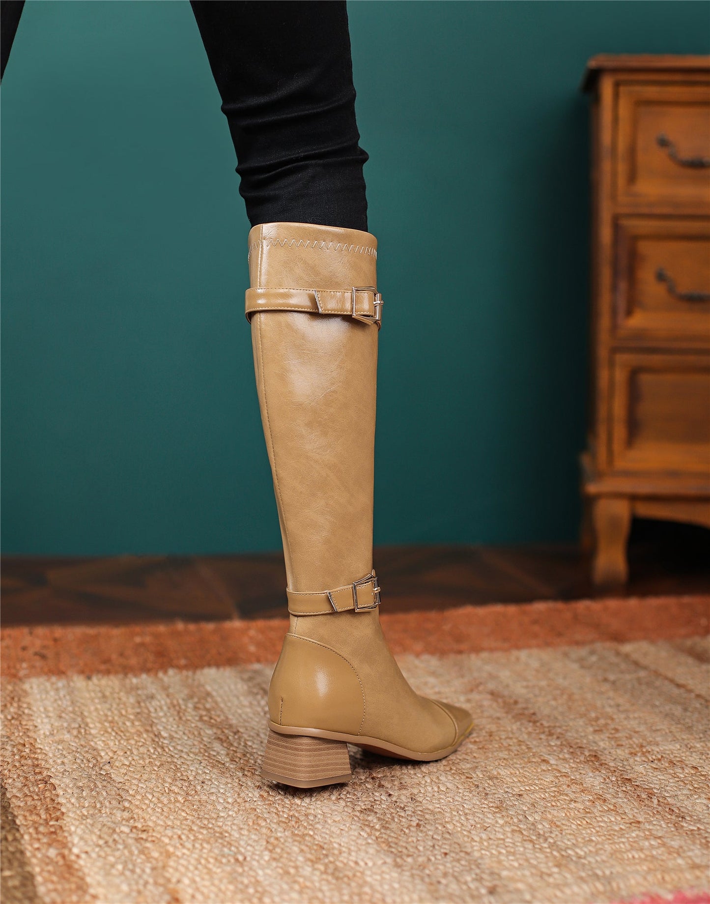 Nine Seven Women's Square Toe Genuine Leather Handmade Zipper Chunky Heels Trendy Knee High Boots with Buckles